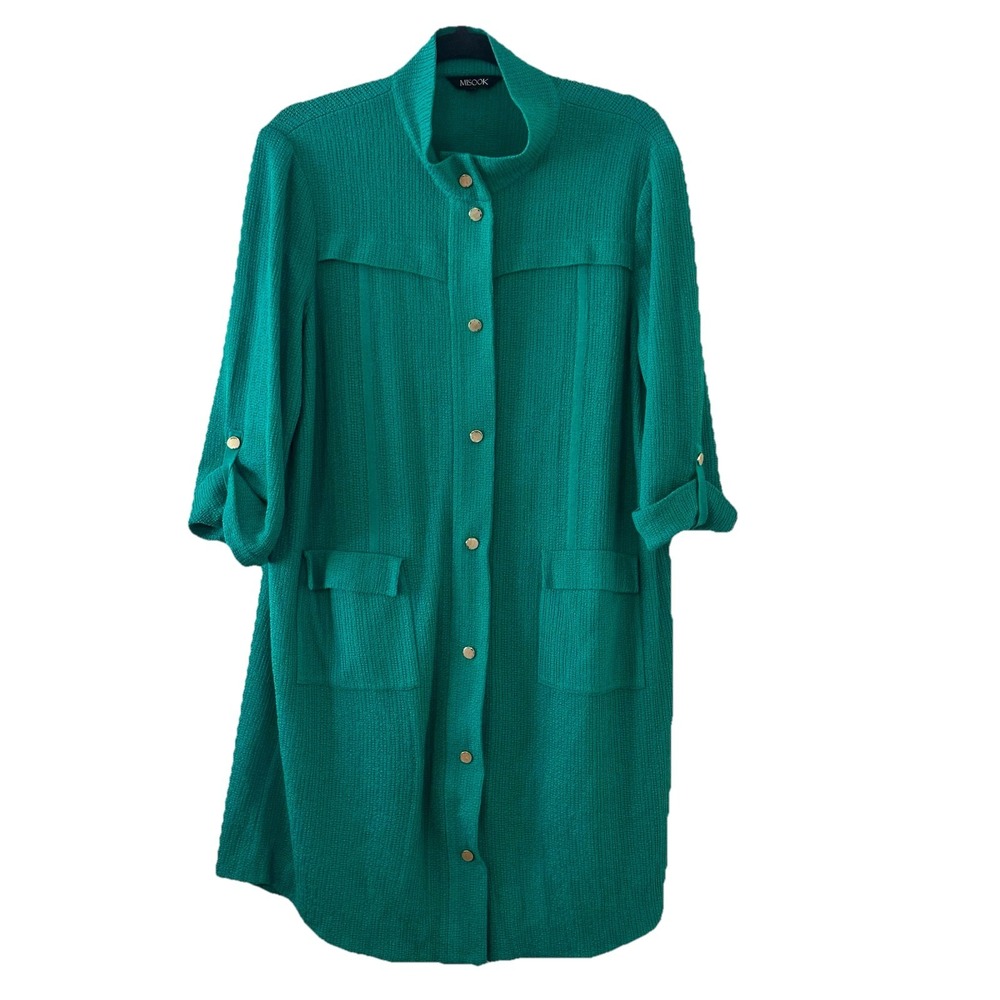 Misook Green Zip Snap Button Mock Neck Jacket 3/4 Sleeve Pockets Cardigan Size L
